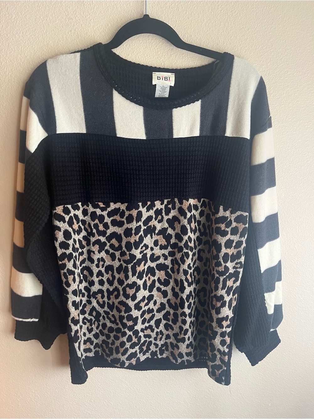 BiBi Black & Cream Striped Sweater with Leopard Panel